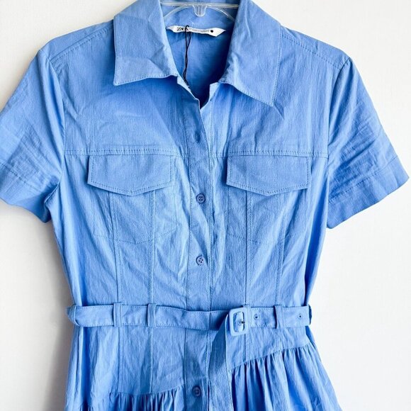 ZARA Belted Shirt Dress Light Blue Collared Maxi Asymmetric Seamwork Tiered XS - Picture 4 of 5